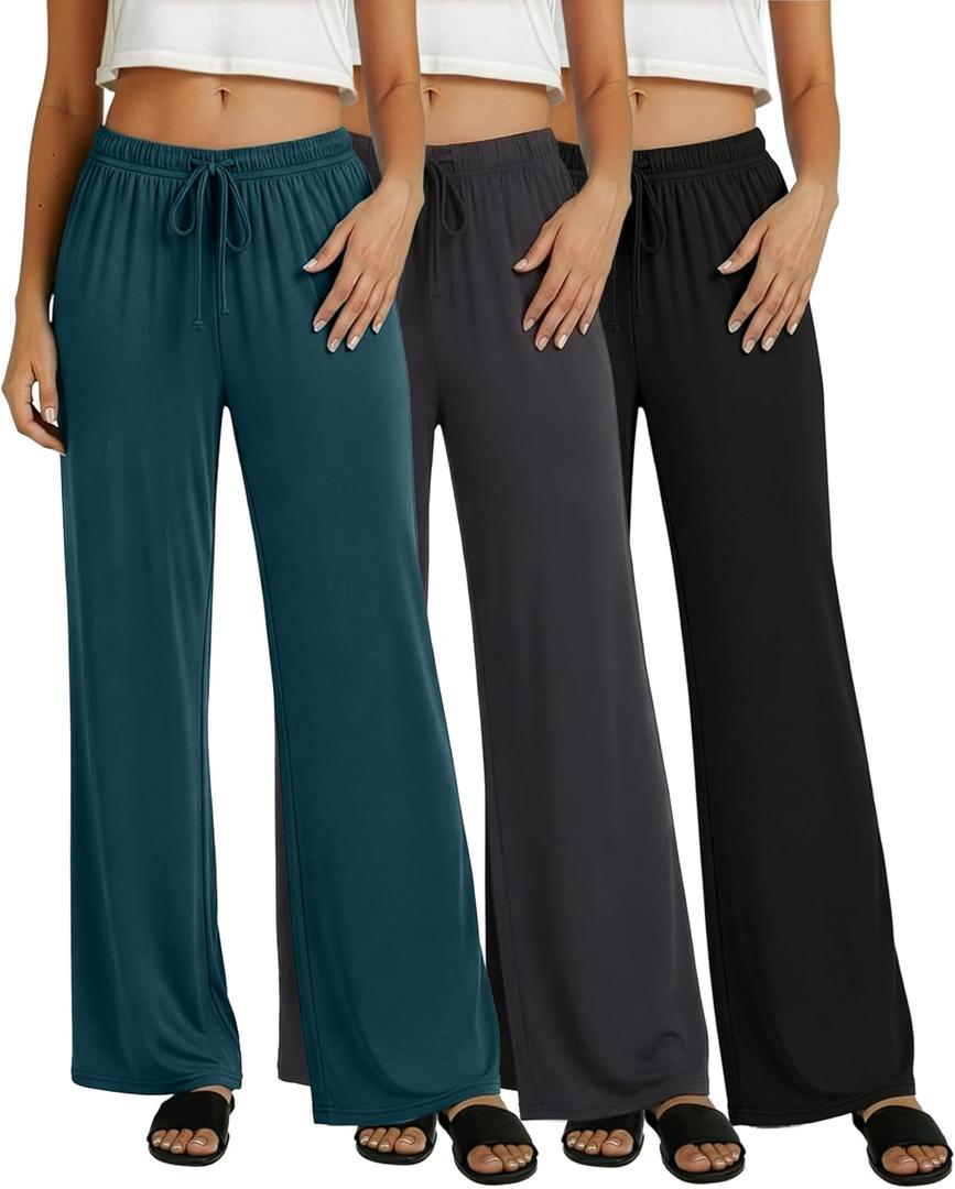 Real Essentials 3 Pack: Women's Soft Palazzo Pants - Wide Leg Yoga Casual Loungewear Pajama Pj Bottoms (XX-Large)