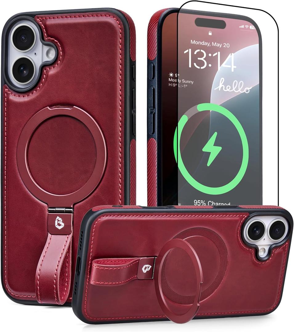 for iPhone 17 Case Leather | iPhone 17 Leather Case with Stand | Compatible with MagSafe with Magnetic Ring Grip Holder (Burgundy, IP17-6.3inch)