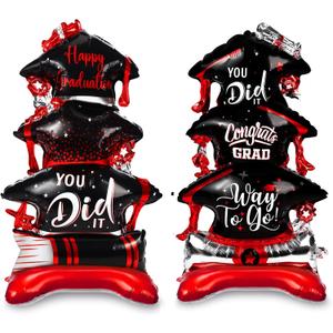 Jenaai 2 Pcs 37" Red and Black Graduation Caps Foil Balloons Giant Self Standing Congrats Grad Diploma You Did It Theme Balloons for Class of 2026 Graduation Party Decoration Supplies