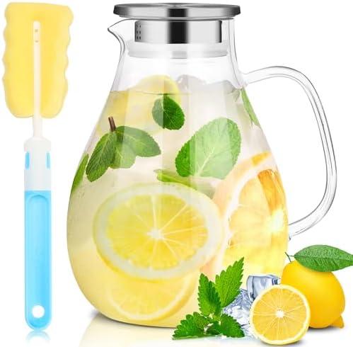 SUSTEAS 2.2 Liter 75oz Glass Pitcher, Water Pitcher with Lid And Wide Handle, Easy Clean Juice Jug for Fridge, Beverage Carafe for Cold/Hot Water, Iced Tea, 1 Long-Handled Brush Included