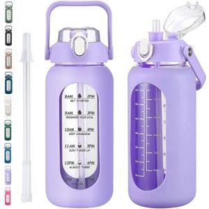 64oz Glass Water Bottles with Straw, Half Gallon Motivational Glass Bottle with Silicone Sleeve and Time Marker, 2L Leakproof Large Glass Water Jug for Gym Home Office, Purple