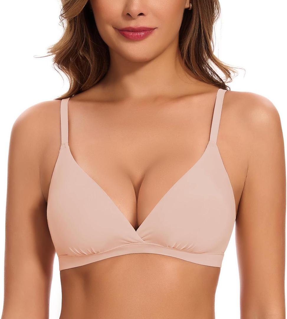 WOWENY Triangle Bras for Women No Underwire Low Cut Deep V Lightly Lined Plunge Bralette Seamless Sexy Push Up Bras (2216-beige)