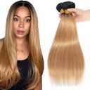 Ombre 1B27 Honey Blonde Human Hair Bundles Straight 30 30 30 inch Black to Honey Blonde Double Weft No Tangle Brazilian Virgin Remy Hair Extensions