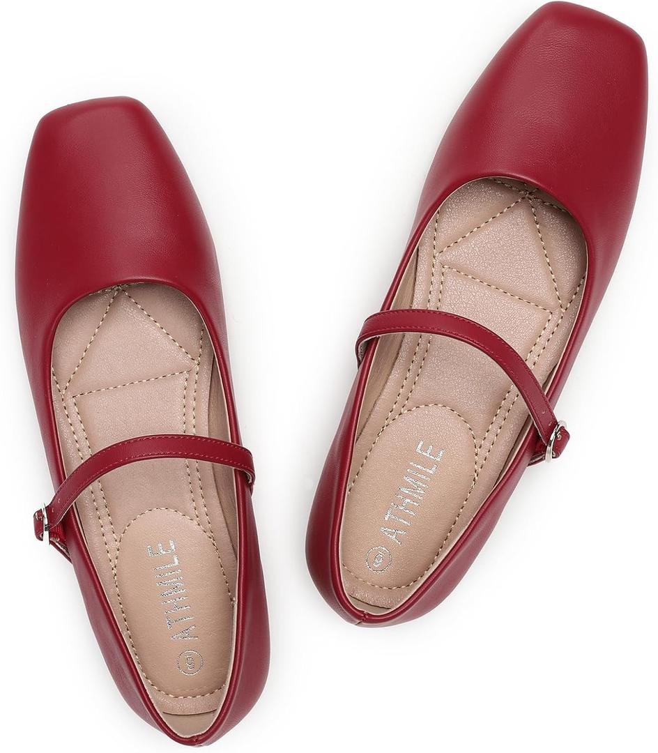 ATHMILE Mary Jane Shoes Women Ballet Flats Shoes for Women Slip on Comfortable Dressy Adjustable Strap for Work Office Business Casual (8.5, Dark Red)