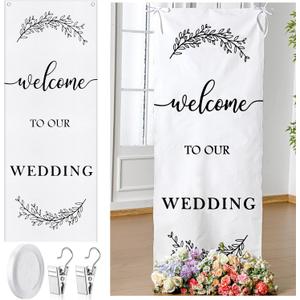 Yousoontic Welcome to Our Wedding Sign Linen Rustic Wedding Welcome 60 x 24 Inches Banner with Satin Ribbon and Retaining Clip for Ceremony, Arch, Reception Backdrop