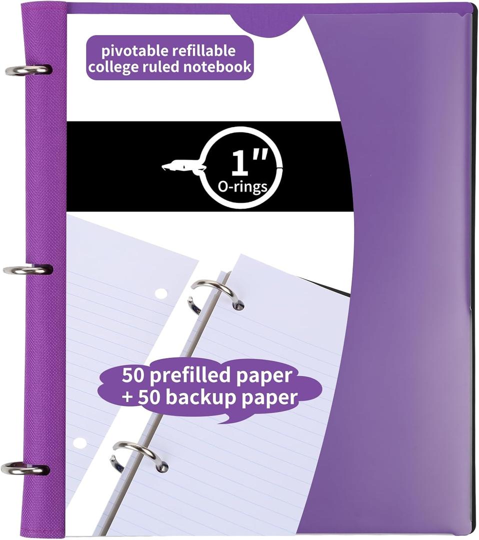 Pivotable Refillable Notebook, Upgraded 1 Inch 3 Ring Notebook Binder, 50 College Ruled Paper, 5 Subject Notebook with Dividers and Folder Pockets, Tabs- Purple