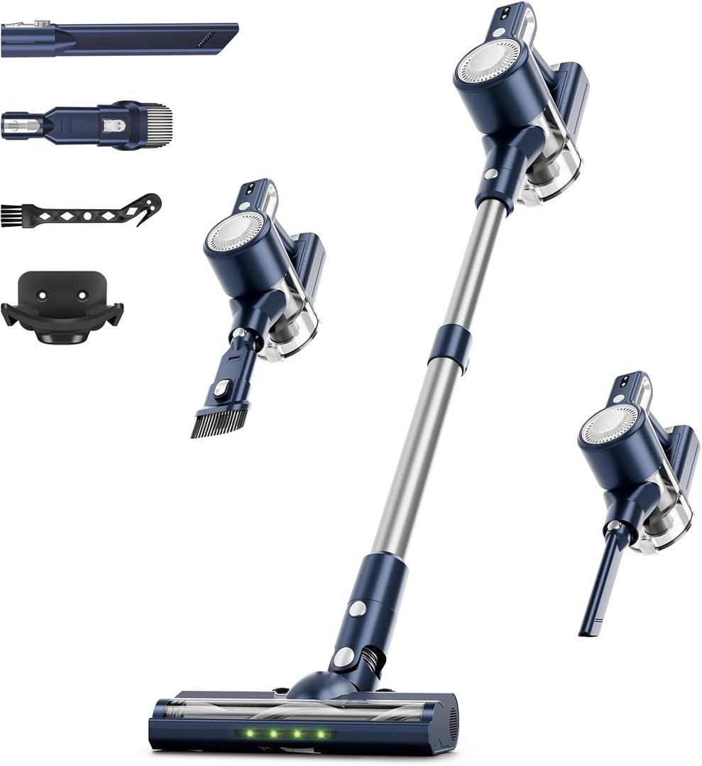 Cordless Vacuum Cleaner for Home, 6-in-1 Stick Vacuum with Powerful Suction, Rechargeable, Anti-Tangle Pet Hair Brush, Self-Standing, Green LED Headlight Vacuum for Carpet & Hardwood Floors-Dark Blue