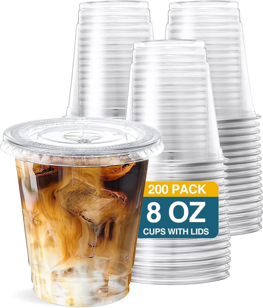 SHOPDAY 8 oz-Plastic-Cups-with-Lids - 200 Pack Disposable Clear Cups with Lids, Small Cup for Cold Drink Smoothie Food, Coffee Cup