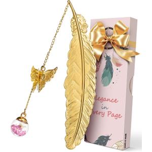 Bookmarks for Women Christmas Gifts - Stocking Stuffers for Women Teachers Friends Book Lovers, Unique Cute Butterfly Metal Feather Flower Vintage Bookmark, Gift Ideas for Birthdays (Gold - Pink (White Flowers))