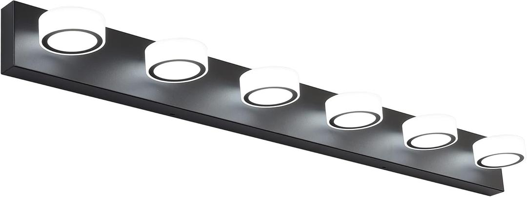 SOLFART 6 Light Modern LED Vanity Lights Over Mirror Matt Black Metal Base Bathroom Lighting Fixtures 44.9 Inch 9550-ND (Black- Round shade- Non Dimmable)