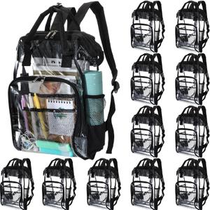 12 Pack Heavy Duty Clear Backpacks Bulk, 15" Transparent Bookbags for School, Waterproof PVC Work Bag with Reinforced Straps (Black), 15.35 x 10.63 x 4.33 inches / 39 x 27 x 11 cm