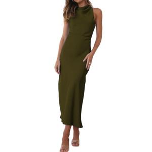 Halfisland Summer Satin High Neck Backless Sleeveless Midi Dresses for Women Elegant Mock Neck High Waist Cross Back Cocktail Dress Olive, Size Small