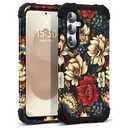 SleekCover for Galaxy S25 5G Case,3 in 1 Oil Painting Flower Pattern Heavy Duty Shockproof Protection Silicone Rubber Bumper+Hard Plastic Protective Cover for Samsung Galaxy S25,Black Flower