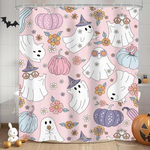 LIGHTINHOME Pink Halloween Shower Curtain 60Wx72H Inches 70s Retro Funny Ghost Y2K Cute Autumn Pumpkin Purple Flower Hippie Groovy Cloth Fabric Waterproof Polyester Bathroom Home Decor Set with Hooks