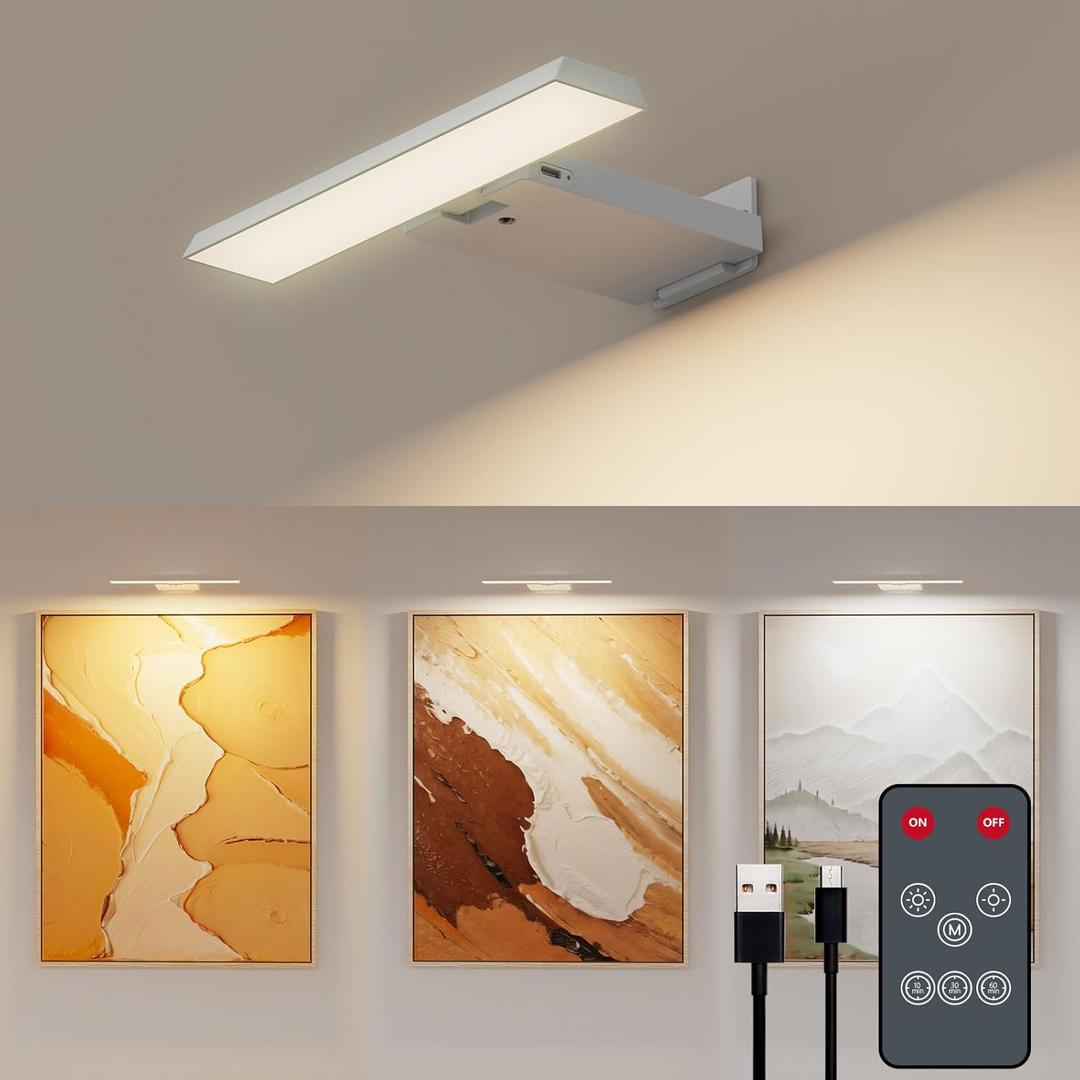Picture Lights for Wall, 6000mAh Rechargeable Battery Wall Sconce with Remote & Timer, 3-Way Dimmable Art Lighting for Picture, Poster, Paintings, Gallery Artwork Wall Decor (1 Pack, White)