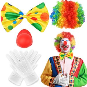 Adult Clown Costume Accessories,Wig, Red Nose,Bow Tie, White Gloves for Halloween Carnival Pretend Play