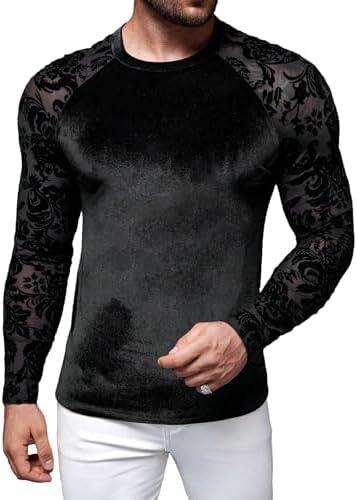 WDIRARA Men's Floral Lace Mesh Fleece Fuzzy T-Shirt Crewneck Raglan Long Sleeve Casual Tee Tops XXL