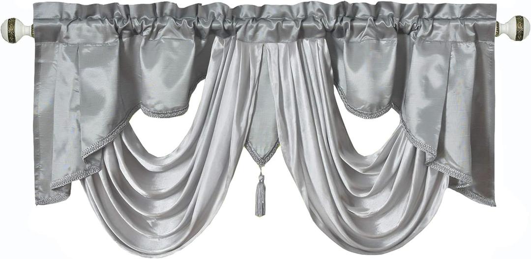 GOHD Valarie Fancy Window Valance, 54 x 18, Taffeta Fabric with Soft Satin Swag, Add Some Royal luxruy Accent to Your Home (Grey)