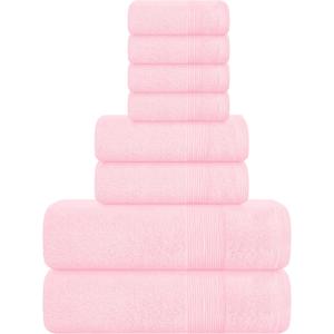 Belizzi Home 8 Piece Towel Set 100% Ring Spun Cotton, 2 Bath Towels 27x54, 2 Hand Towels 16x28 and 4 Washcloths 13x13 - Ultra Soft Highly Absorbent Machine Washable Hotel Spa Quality - Pink
