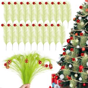 Norme 24 Pcs 18" Lime Green Curly Tree Picks Christmas Stems Picks Stems Christmas Tree Topper for Xmas Wreath, Garland, Vase Fillers, DIY Craft Decor Home Decoration(Mirrored Red Ball)