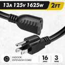 Kanayu 5 Pcs 2 ft Black 3 Prong Extension Cords, [ul Listed] 13a 125v 1625w, Indoor Outlet Extender Male and Female Power Cables, Flexible for Home, Garden, Office and Christmas Lights Decorations