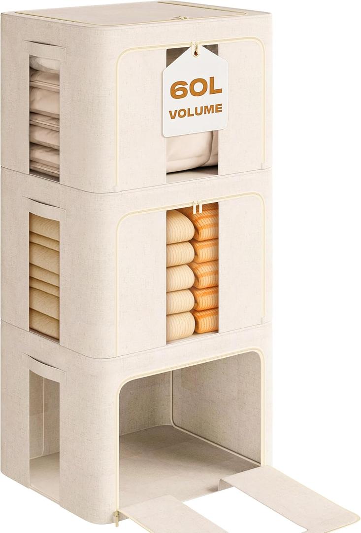 3Pack 60L Large Cloth Storage Bins with Metal Frame, Linen Storage Box with Clear Window, Stackable Sweater Storage for Closet, Clothes Containers for Comforters, Blankets, Quilts, T-shirt