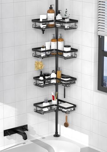 KEGII Corner Shower Caddy Tension Pole - Shower Tension Rod Organizer, Floor to Ceiling Shower Caddy 25-114.2 inch, Towel Rack Corner Waterproof, Black