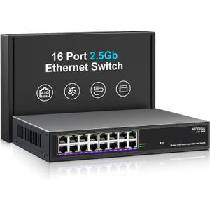 16 Port 2.5Gb Ethernet Switch Unmanaged, NICGIGA 16 Port 2.5G Network Switch, Plug & Play, Desktop or 19-inch Rack Mount, Fanless Metal Design
