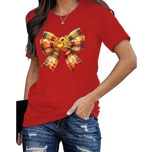 Thanksgiving Shirt for Women Fall Pumpkin Bow T-Shirt Funny Thankful Blessed Tee Tops, Size Large