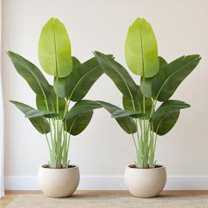 Lifelike Bird of Paradise Artificial Plant,4ft Faux Banana Leaf Tree with 9 Trunks - Perfect Indoor Silk Floor Plant for Home Decor in Living Room, Office, and Bedroom (Set of 2)