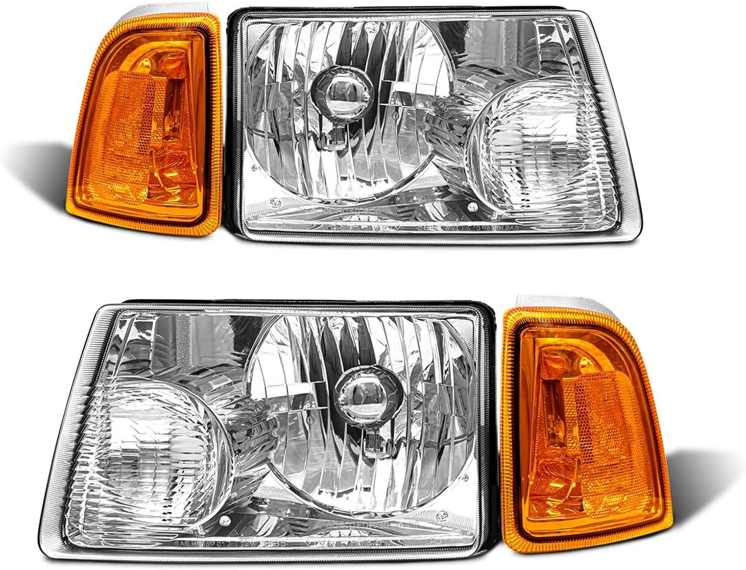 for 2001-2011 Ford Ranger Headlights Assembly Chrome Housing Amber Reflector Replacement Driver and Passenger Side (Bulbs NOT included)