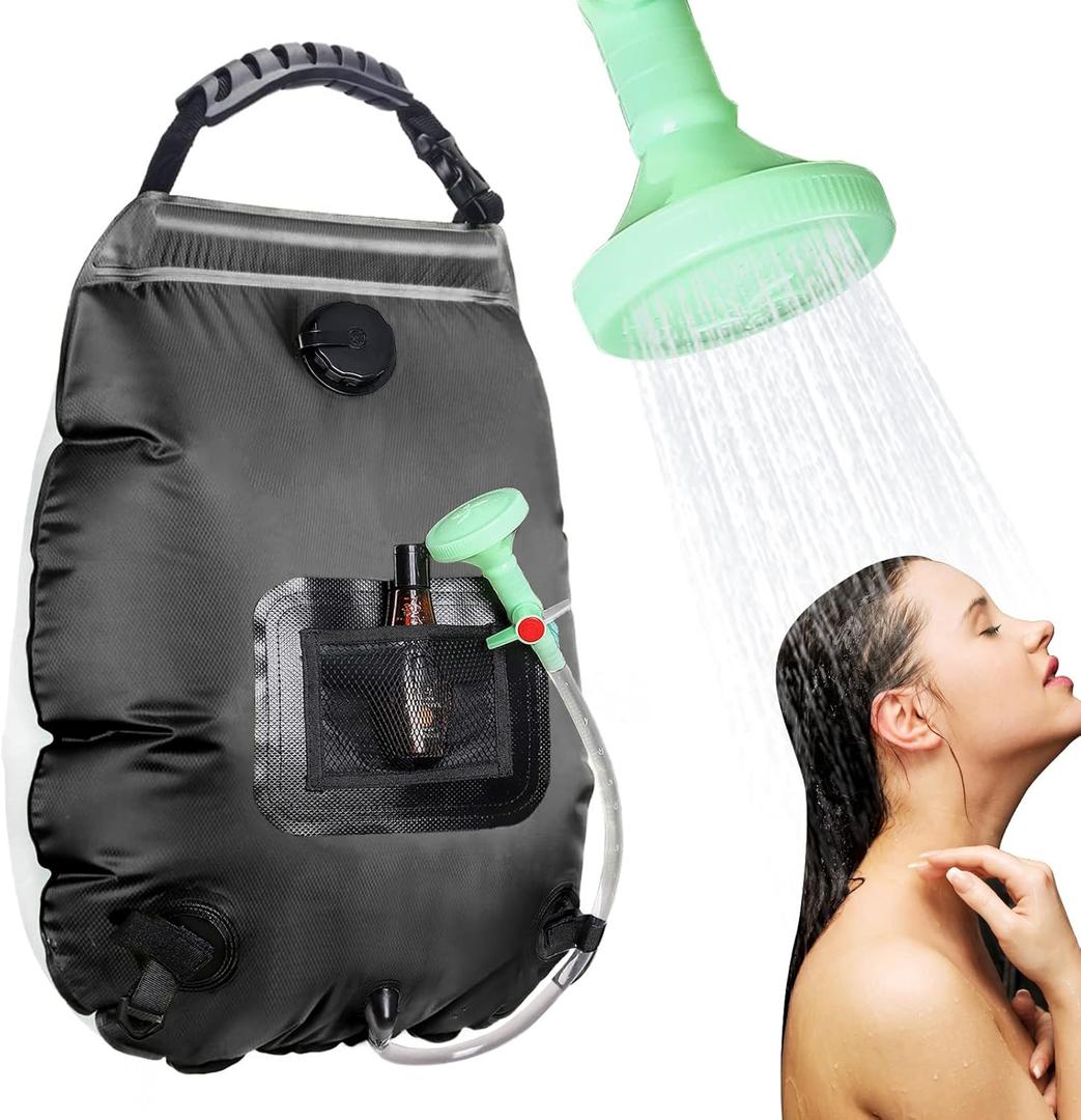 Unniweei Solar Portable Shower Bag, 5 Gal/20L Solar Heating Camping Shower Bag with Removable Hose&On-Off Switchable Shower Head, Compact Camping Shower for Camping, Hiking, Traveling, Beach Swimming, Black