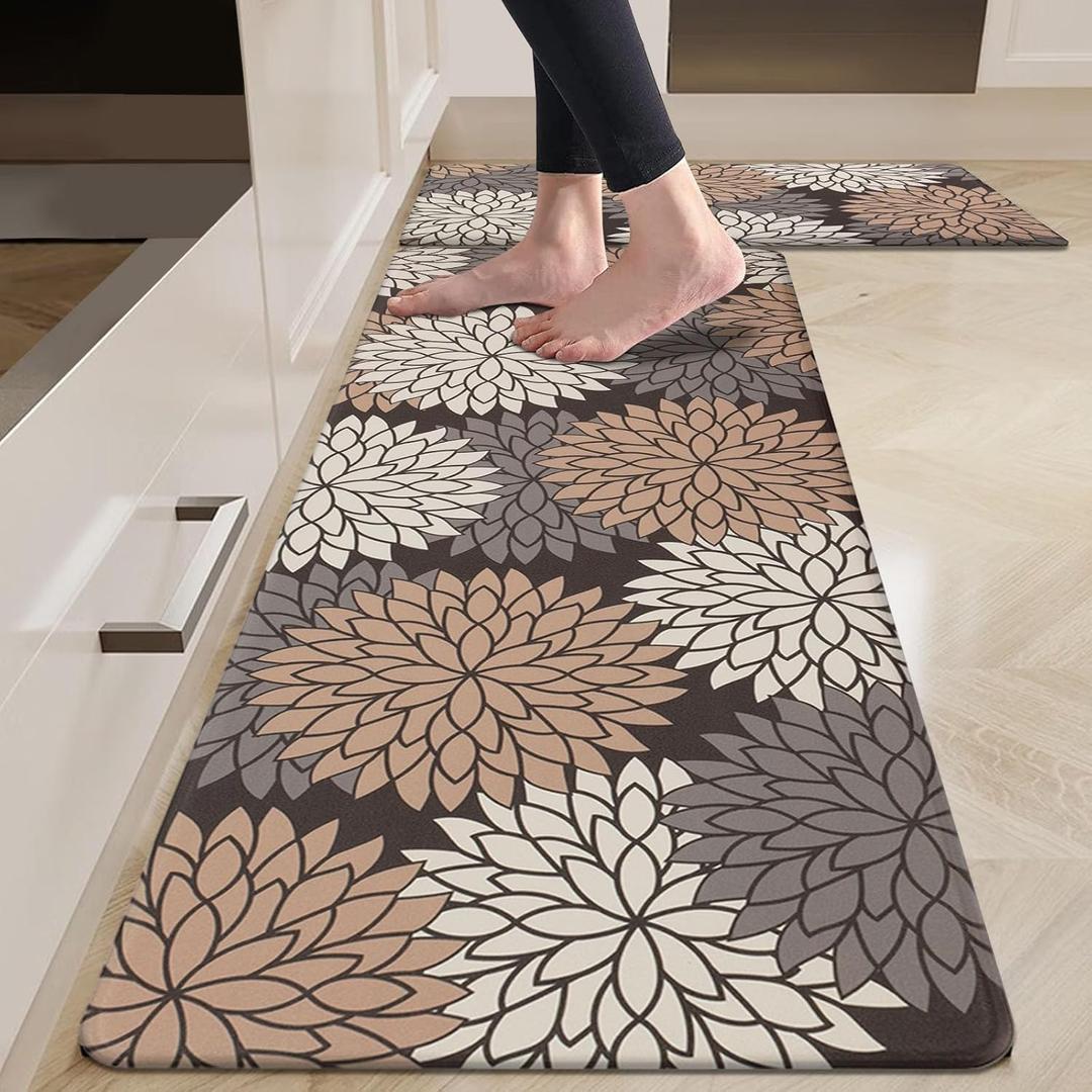 HEBE Anti Fatigue Kitchen Rug Sets 2 Piece Non Slip Kitchen Mats for Floor Cushioned Kitchen Rugs and Mats Waterproof Comfort Standing Mat Runner for Kitchen,Home Office,Sink,Laundry (17.3"x48"+17.3"x28"-0.4"Th, Dark Brown)