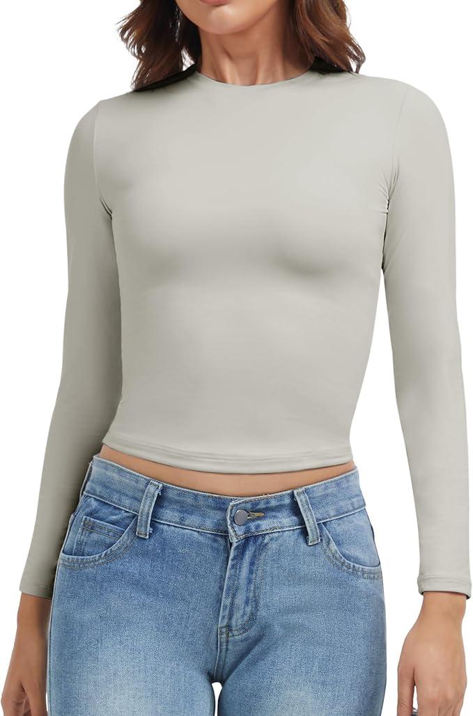 VIMPEP Double Lined Workout Long Sleeve Shirts for Women Crew Neck Slim Fit y2k Tee Tops Stretchy Basic Outfits Going Out Casual Undershirts Silver Grey M