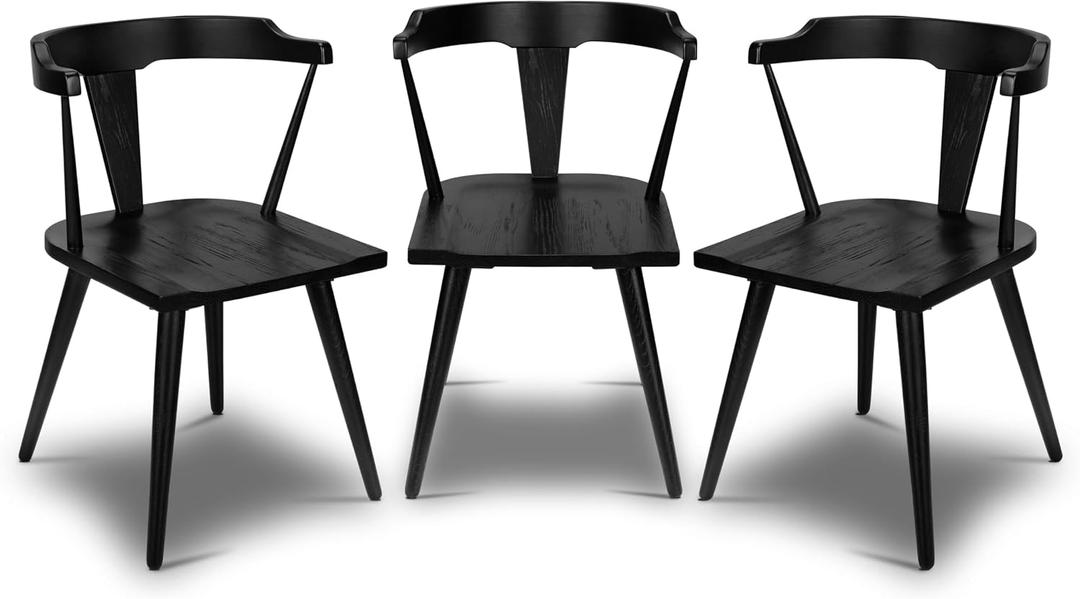 Poly & BARK Mid Century Modern Enzo Black Dining Chair Solid Oak Wood Splat Back Chair, 18" Seat Height, 32" Tall Stylish MCM Kitchen & Dining Room Chair - Set of 3