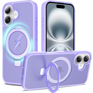 Ultra-Magnetic Stand for iPhone 16 Plus Case [Military Drop Protection] [Compatible with MagSafe] Shockproof Translucent Matte Slim Ring Holder Case for iPhone 16 Plus (Lavender Purple)