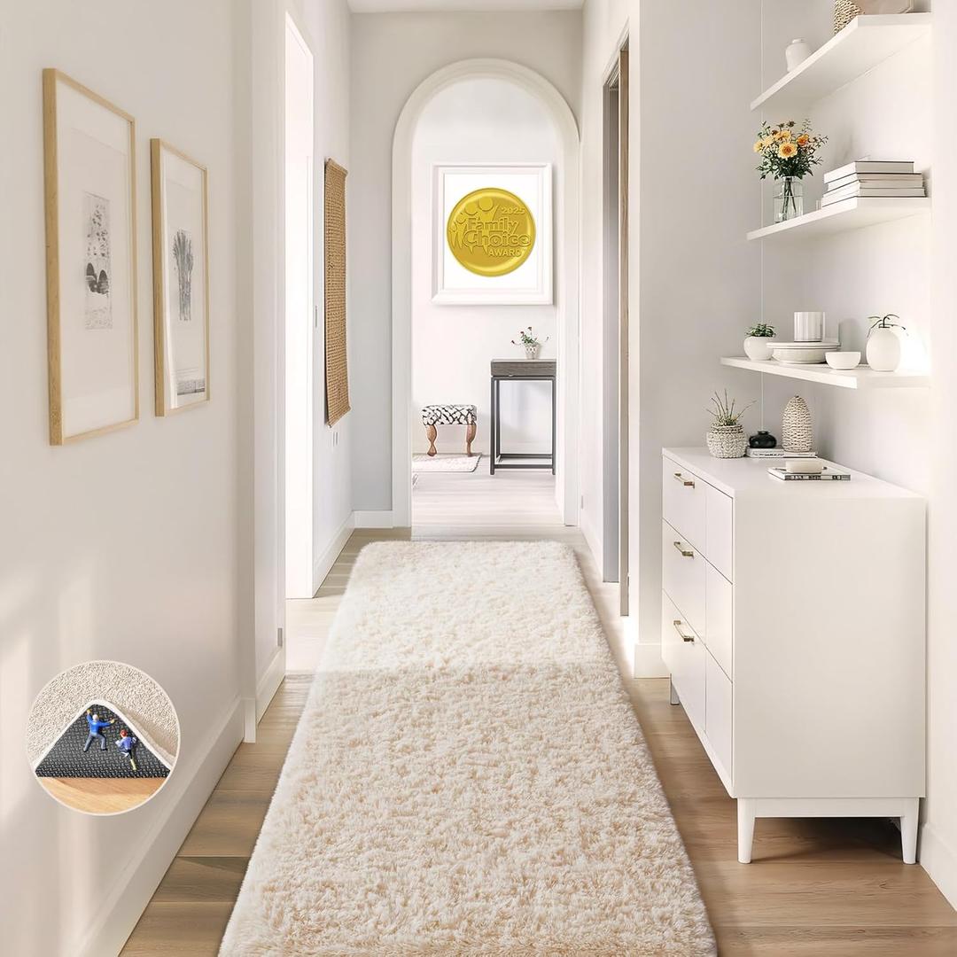Ophanie Runner Rug for Hallway, 2x6 Upgrade Non-Slip Fluffy Soft Bedside Rugs, Bedroom Living Room Ivory Shaggy Carpet for Kids Girls Boys Dorm Nursery Home Decor Aesthetic