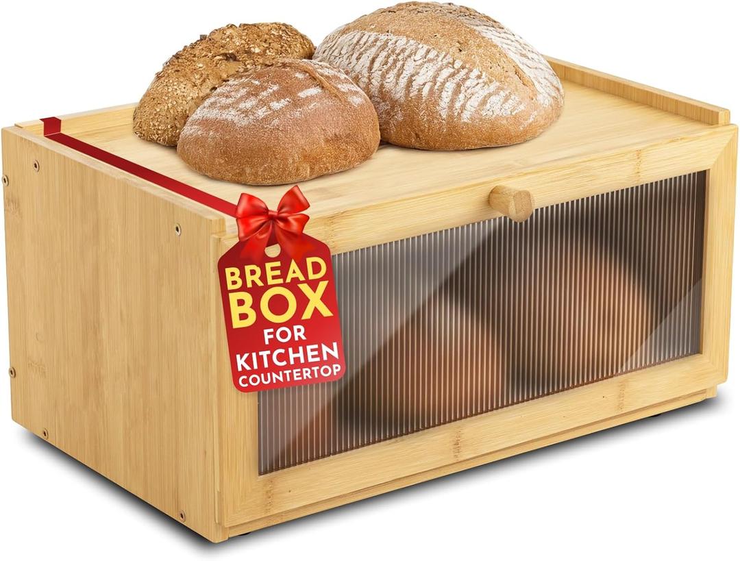 Culinary Couture Bamboo Bread Box for Kitchen Countertop - Large Capacity Storage BreadBox for Homemade Bread with Acrylic Window and Extra Top Storage