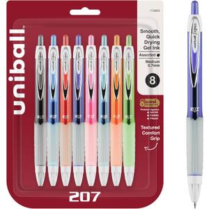 Signo Gel 207 Roller Ball Retractable Gel Pen, Purple Ink, Medium, Assorted Ink with Translucent Assorted Barrel/Medium Point/Set of 8