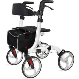 Rollator Walkers for Seniors-Folding Rollator Walker with Seat and Four 10inch Wheels-Medical Rolling Walker with Comfort Handles and Thick Backrest-Lightweight Aluminium Frame and Basket