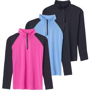 Real Essentials 3 Pack: Women's 1/4 Zip Rash Guard Long Sleeve Swim Shirt UPF Sun Protection UV Surf Tops (L)