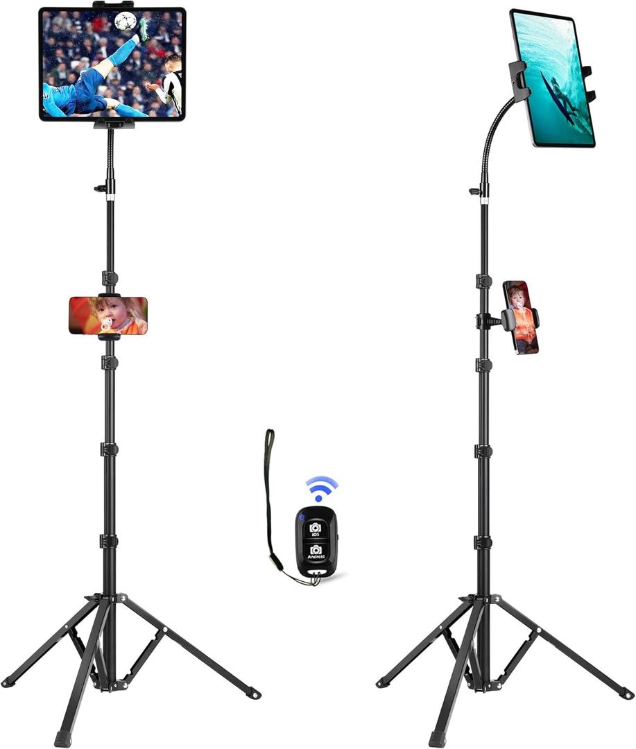 Peastrex Ipad and Phone Tripod 73" Gooseneck Tablet Floor Stand Holder Mount with Remote for 3.5 to 15in Tablets iPhones, iPad Pro Air Mini 12.9 11 10.5, Galaxy Tab S9 Ultra 14.6", Surface