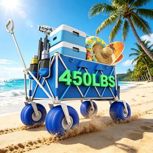 Premium 10.5" Balloon Wheels Beach Wagon - 450LBS Heavy Duty Sand Wagon, Foldable All Terrain Collapsible Utility Wagon with Removable Cooler Bag, Easy Roll for Soft Sand Family Camping - Blue