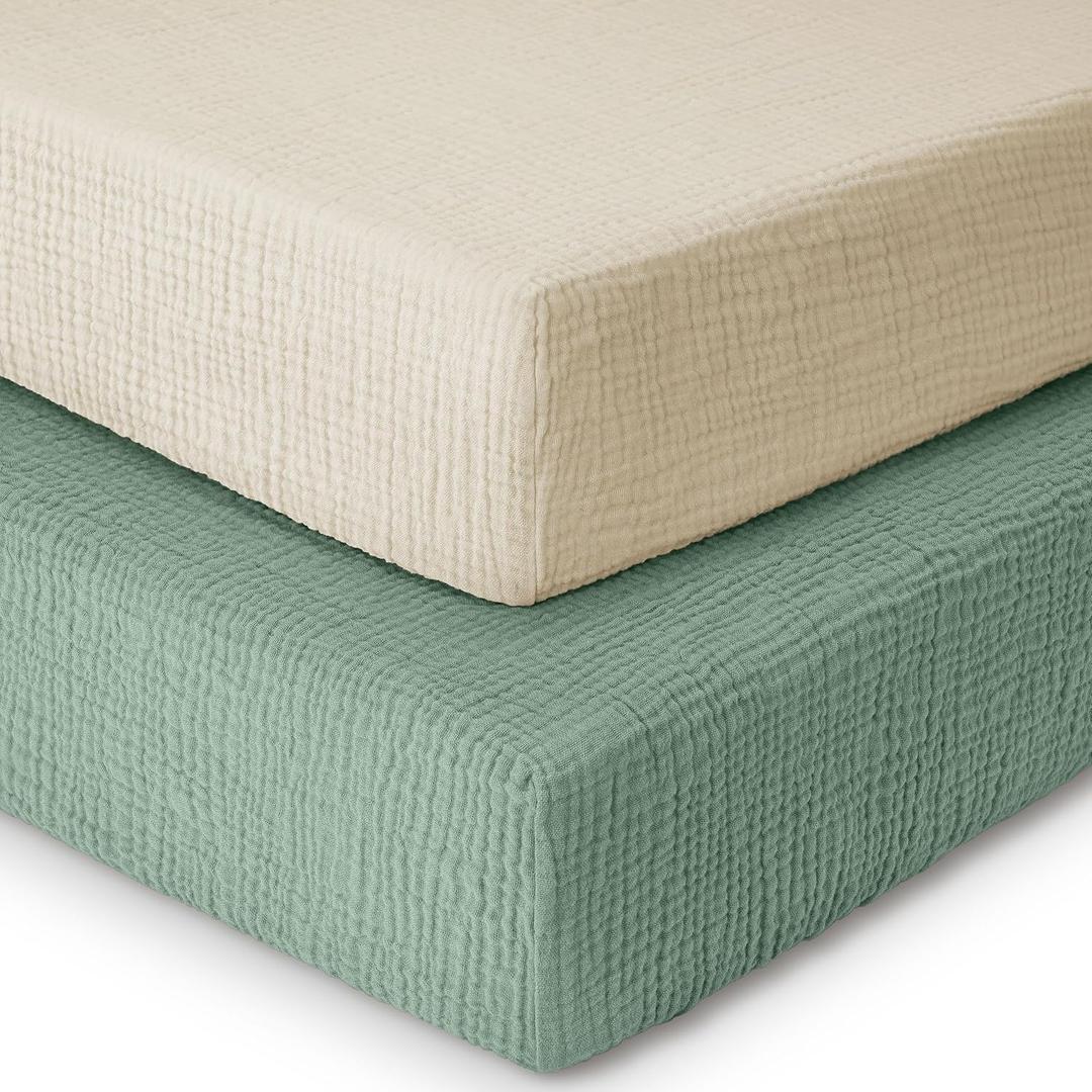 Yoofoss Muslin Crib Sheets for Boys Girls 100% Cotton Fitted Baby Crib Sheet 2 Pack Soft and Breathable for Standard Crib Mattress & Toddler Mattress 52"x28" Apricot&Green