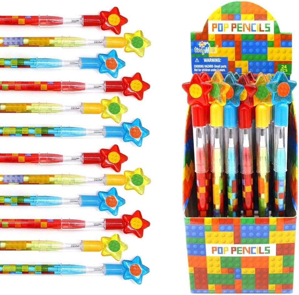 Tiny Mills 24 Pcs Building Blocks Brick Multi Point Stackable Pencil with Eraser for Brick Birthday Party Favor Prize Carnival Goodie Bag Stuffers Classroom Rewards Pinata Fillers