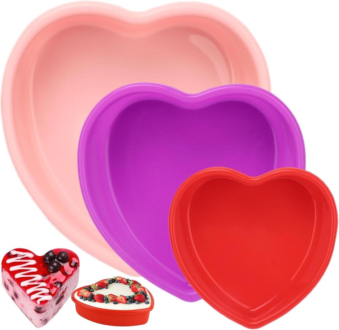 3 Pieces Silicone Heart Cake Pan, 5 8 10 inches Heart Shaped Cake Pan Nonstick Cheesecake Mold Food Grade Silicone Baking Mold for Baking Brownie Valentine Mother Wedding Birthday Day, Red Pink Purple