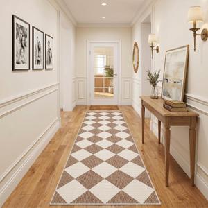 GarveeHome Checkered Long Hallway Runner Rug 2.5x10 Brown Kitchen Rug