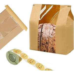 100 Pack Large Paper Bread Bags for Homemade Bread Sourdough Bags 14" x 8.3" x 3.5" with Tin Tie Tab Lock Clear Front Window Bakery Bag Packaging Cookie Bag with Label Seal Stickers