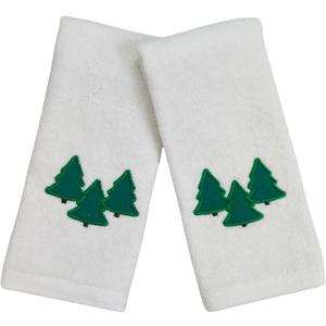Serafina Home Farmhouse Christmas Fingertip Towels: Plush Velour Cotton Embroidered Forest Trees, One with Decorative Plaid, Set of 2
