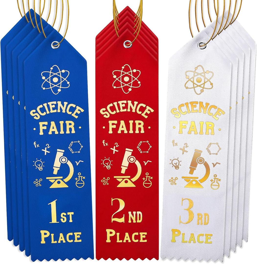 45 Pcs Science Fair Award Ribbons 1st, 2nd, 3rd Place Participation Prize Winner Recognition Ribbons with Event Card and Rope for Competition Sports Event Contest Prize Ornaments (Blue, White, Red)